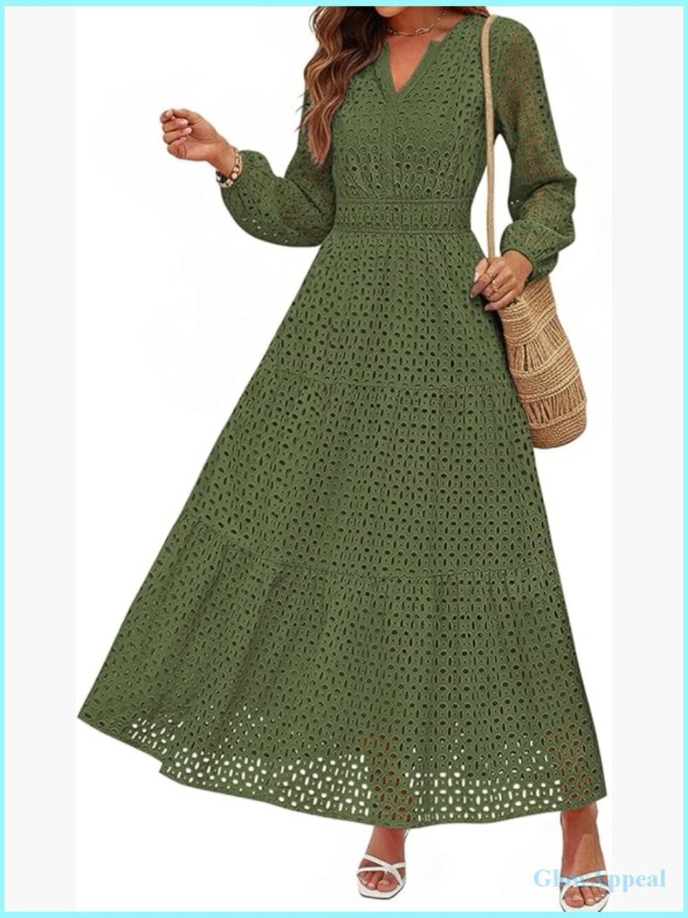 Long Sleeve Maxi Dress V Neck Hollow Out Eyelet A Line Flowy Wedding Guest Dress